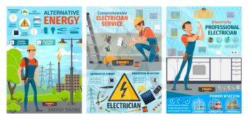 Electrician, electric worker service on power station and house electricity repair. Vector electrician engineer man and work tools, light bulb lamp, city cables and solar battery installation,