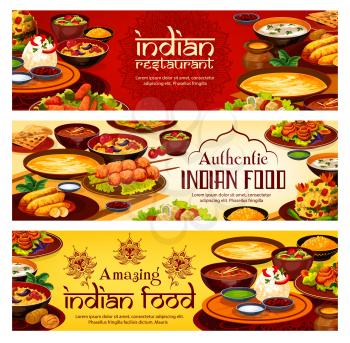 Indian restaurant menu, traditional India cuisine food banners. Vector Indian meal banners, vegetarian vegetables with curry rice, meat and fish with masala tandoori plate