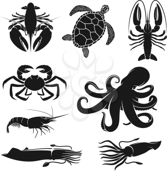 Seafood and fishery crustacean, animals silhouette icons. Vector octopus, shrimp or prawn and ocean cuttlefish, lobster or crab and turtle, sea crawfish and crayfish sea food symbols