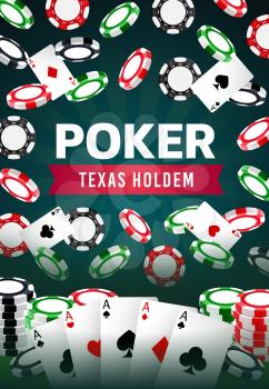 Casino poker game, professional Texas holdem gamble game and jackpot win. Vector online casino and wheel of fortune roulette gambling, playing cards, chips and dice