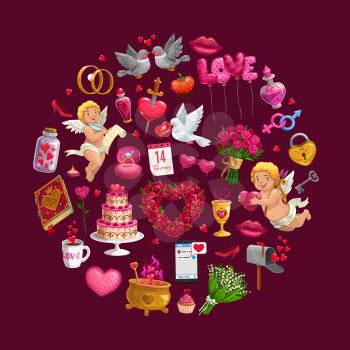 Valentines Day gifts circle vector design of romantic love holiday. Cupids, chocolate and wedding rings, flower bouquets, february calendar and love message, kiss lips, cake and wine, candles and key