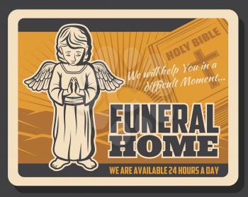 Funeral service, burial and farewell ceremony organization agency retro poster. Vector holy bible with christian crucifixion cross and angel in grief, cremation columbarium and funeral hearse services