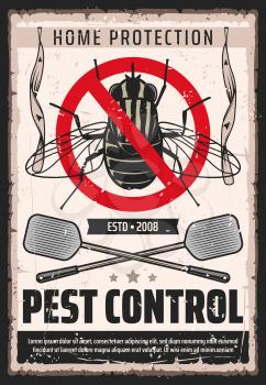 Fly insects pest control service, domestic bugs and moths extermination and home disinsection vintage retro poster. Vector flies fumigation, flypaper and swatter pest control and disinsection