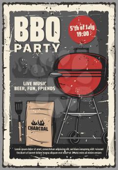 Barbecue summer party vintage retro poster, 5 July American holiday cookout party. Vector BBQ charcoal grill meat steaks and hot dog picnic party, summer family weekend beer, music and food party