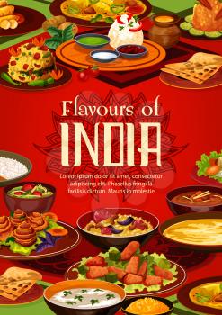 Indian food cuisine, restaurant menu and India authentic dish cooking recipe book cover. Vector Indian traditional meals, curry vegetables in masala spices, rice and meat, soups, desserts and salads