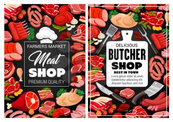 Meat pork and beef, butcher shop food and sausages poster. Vector farm market butchery products lamb and beefsteak or ham and bacon, filet and mutton ribs barbecue, salami and cervelat sausages