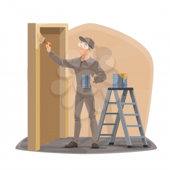 Painter man with paintbrush painting home wall and door. Vector house interior design and renovation service, handyman in uniform and protective glasses with paint bucket on ladder decorating room