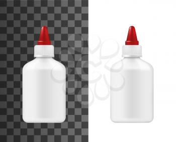 Glue bottle, plastic container with red cap, 3d mockup template. Vector isolated super glue package, office stationery and domestic adhesive tool item, blank bottle branding mock up
