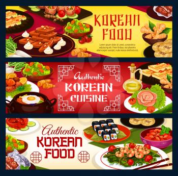 Korean restaurant menu, authentic traditional Korea cuisine food. Vector Korean cafe menu, kimchi, rice and spicy noodles, beef bulgogi soup and kibimpap rolls, seafood and seaweed plate meals
