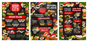 Japanese sushi bar menu, Asian cuisine food and sashimi rolls buffet. Vector California roll and Philadelphia sushi, temaki and gunkan, fish and seafood futomaki with shrimp tempura and wasabi