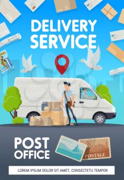 Mail delivery, post office logistics and courier service. Vector post office mailman with newspapers, journals and magazines mail delivery, letter envelopes and mailbox with postage stamp