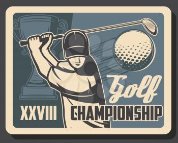 Golf club tournament, premium leisure sport and best recreation championship cup vintage retro poster. Vector professional golf gamer striking ball with stick on green putter