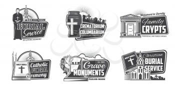 Funeral service, cremation columbarium and burial ceremony organization agency icons. Vector funeral columbarium urn, Christian cross and RIP black ribbon, funeral flowers wreath priest with bible