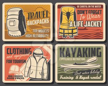 Outdoor tourism, backpacking and hiking sport, mountaineering and river kayaking adventure. Vector retro poster, tourist clothing and hiking equipment shop, water life jacket warning sign