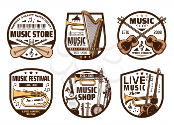 Music instruments, live concert and folk band festival, sound equipment shop icons. Vector music instruments, orchestra harp, rock electric guitar and jazz saxophone, classical harp and trumpet