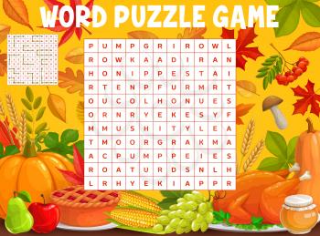 Autumn leaves and Thanksgiving meals, word search puzzle game worksheet. Kids quiz grid for words search in Thanksgiving pumpkin, turkey and apple pie, maple leaf anf oak acorn with corn and honey