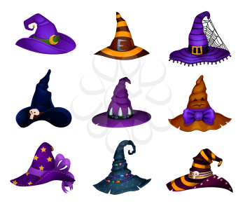 Cartoon witch, sorceress or enchantress and charmer Halloween hats, vector icons. Magician wizard or warlock sorcerer and mage Halloween magic hats and caps with skull and spiderweb or golden stars