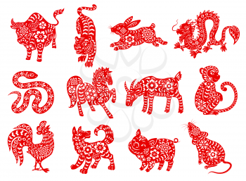 Chinese zodiac horoscope animals. Red papercut characters of lunar calendar twelve sequences vector symbols. Rat, ox, and tiger, rabbit, dragon and snake, horse, goat and monkey, rooster, dog and pig