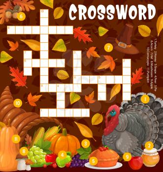 Thanksgiving turkey, cornucopia and meals, crossword puzzle game grid, vector. Find a word quiz worksheet or kids riddle with Thanksgiving pumpkin, autumn harvest, maple leaf, oak acorn and apple pie