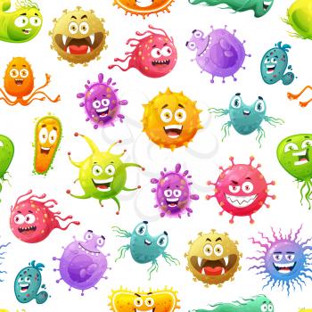 Seamless pattern with cartoon viruses, microbes, germs and bacteria, vector background. Funny microorganisms monsters and disease slime parasites with silly faces, cute medical viruses pattern