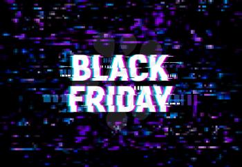 Black friday glitch effect background, vector ad poster for sale with glitched distortion and random pixels on black screen. Television distorted glitch video effect, TV no signal store promo card