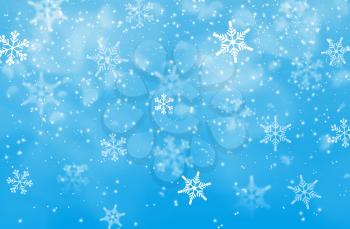 Winter holidays snowfall background with blue sky and snowflakes. Merry Christmas and happy New Year holidays invitation backdrop, winter season wallpaper with falling snow vector