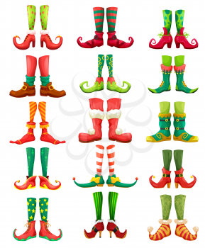 Christmas elf, leprechaun and Santa feet cartoon vector set. Legs and shoes of Xmas gnome, fairy and dwarf, fairy characters with funny colorful socks, stockings and boots, bells and bows
