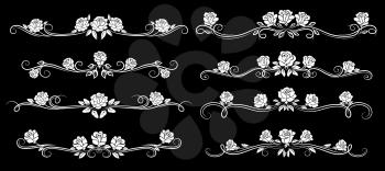 White rose flower vintage borders, dividers and floral swirls, vector pattern frames. Floral line ornaments, flourish ornate borders and embellishment dividers for wedding or menu card
