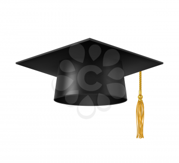Graduate cap with tassel. Isolated university, college or academy student square hat with golden tassel. Academic and high school education degree, professor and knowledge 3d realistic vector symbol
