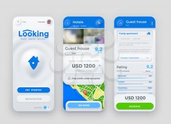 Hotel search, reservation, payment and booking service online app, vector neumorphic interface screen. Mobile phone application UI for travel, hotel search or apartment and rooms booking on smartphone