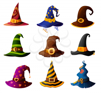 Witch, magician wizard or warlock sorcerer and mage Halloween hats, vector. Cartoon caps of sorceress witch, dwarf or elf leprechaun, fantasy fairy hats, Halloween holiday costume with golden buckles