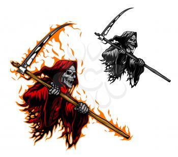 Grim reaper tattoo, scary death or demon monster with scythe blade, vector. Death skull or skeleton ghost with scythe in fire flames, gothic horror devil face with red eyes for tattoo