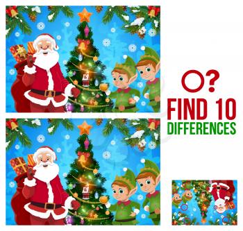 Kids Christmas find ten differences game with Santa, elfs and decorated Christmas tree cartoon vector. Children winter holiday activity, educational riddle or puzzle with comparing details task