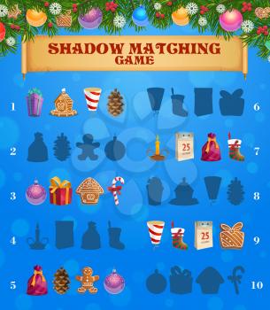 Kids game shadow matching with christmas sweets and decoration. Children logic activity, preschool or kindergarten education with xmas items. Cartoon worksheet, riddle for logical mind development