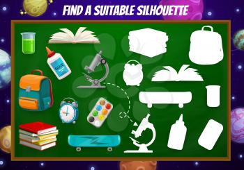Find suitable school item, game worksheet with stationery, school board and galaxy space planets, vector. Kids puzzle game to find correct silhouette shadow of schoolbag, skateboard and books