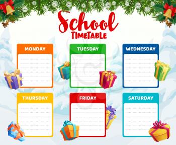 Children school timetable template with Christmas gifts. Kids lessons weekly planner, child daily schedule or calendar. Wrapped and decorated ribbons presents, Christmas tree ornaments cartoon vector
