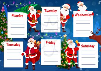 School education timetable or schedule with cartoon vector Santa, Christmas tree and gifts. Children study plan or student planner with weekly chart layouts for lesson or class time table