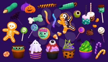 Cartoon Halloween sweets, cupcakes and lollipops, candy corns and witch finger cookies or marshmallows, vector. Halloween trick or treat skeleton skull candies or eyeball cakes and pumpkin biscuits