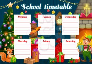 Kids Christmas school timetable with fairytale animals and gifts. Children lesson schedule, child week planner template. Elf, bear and squirrel babies with gifts near Christmas tree cartoon vector
