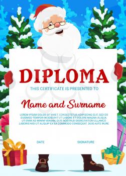 Education school diploma, kindergarten christmas certificate with vector Santa, gifts and fir trees. Kids diploma with xmas character on winter snow landscape background, cartoon award frame template