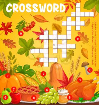Thanksgiving meals and autumn harvest with falling leaves, vector crossword puzzle game grid. Find word quiz or kids riddle worksheet with Thanksgiving pumpkin, turkey, mushrooms and apple pie