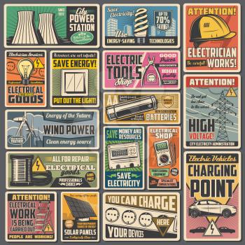 Electric power or energy vector electrical equipment retro banners. Solar panel, wind turbines and power station, battery, light bulb, plug and socket, multimeter, electricity meter, electric car