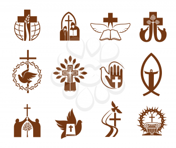 Christian religion vector icons with crosses, Jesus and bibles, doves, priest and prayers, angel, praying hand and crucifix, fish, crown of thorns and trees. Catholicism, orthodox christianity themes