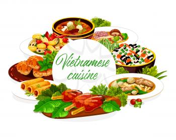 Vietnamese cuisine vegetable rice, meat soup pho bo and baked fish. Noodle and sweet sour soups, grilled pork cutlets and rice pancake rolls frame with spice herbs. Vector round banner