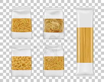 Italian pasta food package mockups. Foil or plastic bags with clear windows realistic vector Italian macaroni, spaghetti and farfalle packs, penne, elbow and tagliatelle packets