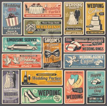 Wedding and marriage ceremony vintage vector posters. Bride and groom, rings, gifts and bouquets, love couple, hearts and bridal dress, cake, limousine car and church, Cupid, doves, flowers
