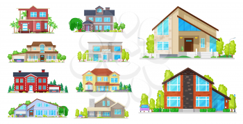 House building vector icons. Village home, cottage and villa, mansion, bungalow and townhouse, architecture and real estate industry. Exterior of buildings with windows, roofs, doors and garages