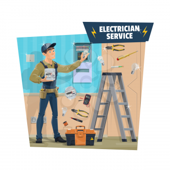 Electrician worker with work tools and power equipment. Electrical engineer or technician man replacing light bulb and electricity meter with cable, voltage tester and screwdriver, toolbox