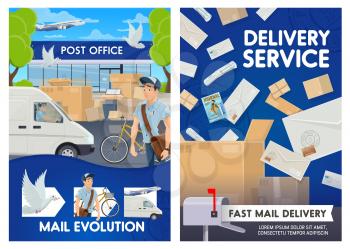 Mail delivery and post office service. Vector postman with mailbox and courier bag, letters, parcels and packages, envelopes and boxes with postage stamps, truck, bicycle and pigeon banners
