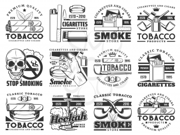 Cigarette, tobacco leaf and smoke cigar vector icons. Cigarette packs, ashtray and smoking pipe, hookah, lighter and smoker hand, skull, nicotine filter, match box and cigar cutter, emblems design
